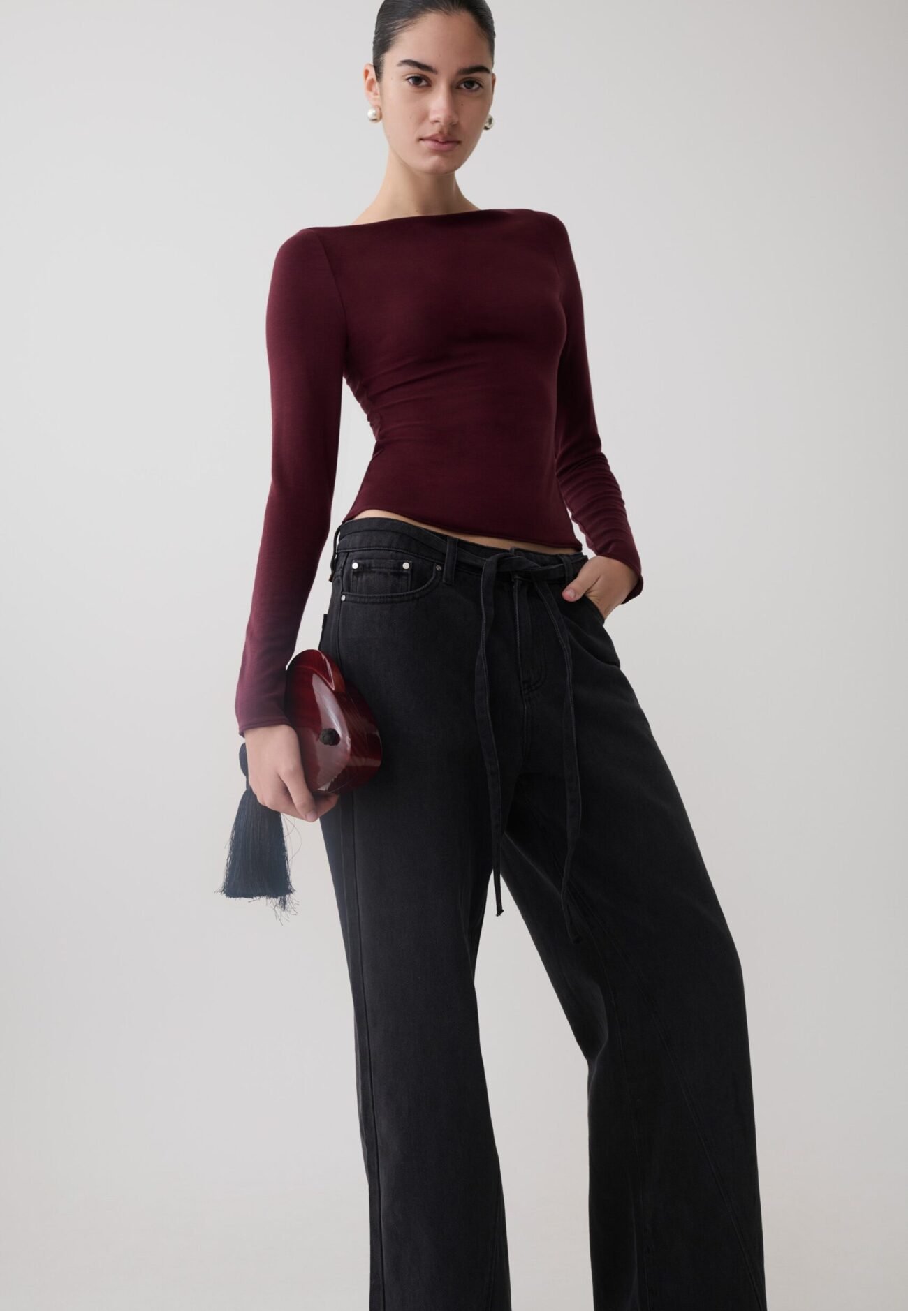 Long Sleeve Sheer Top - Burgundy