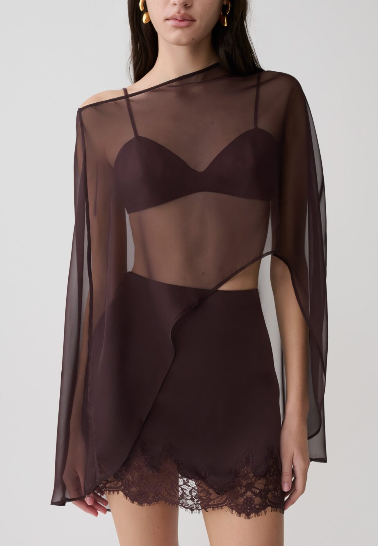 Bralette With Chiffon Cape - Chocolate