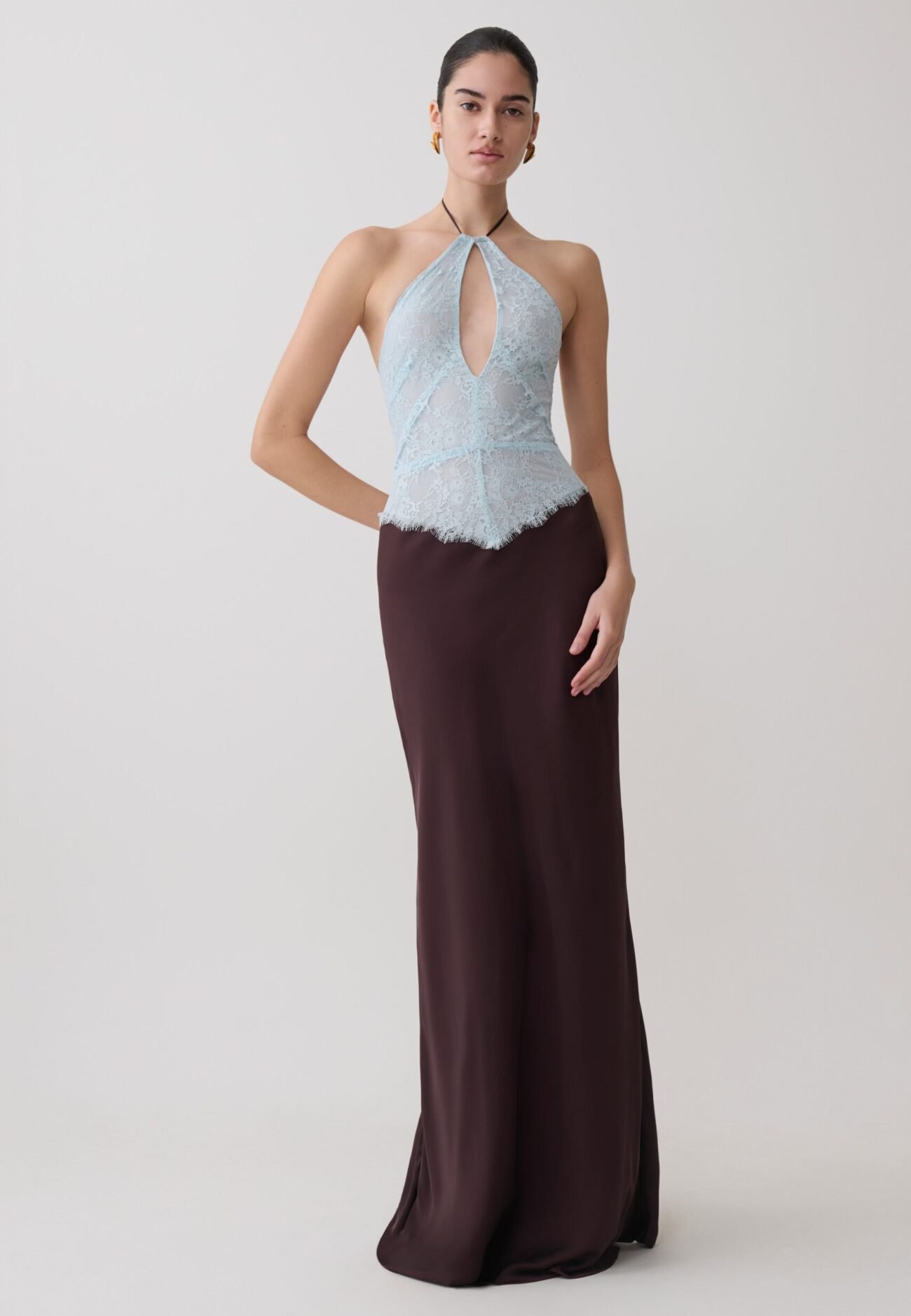 a Lace And Satin Halter Maxi Dress - Ice Blue/Chocolate