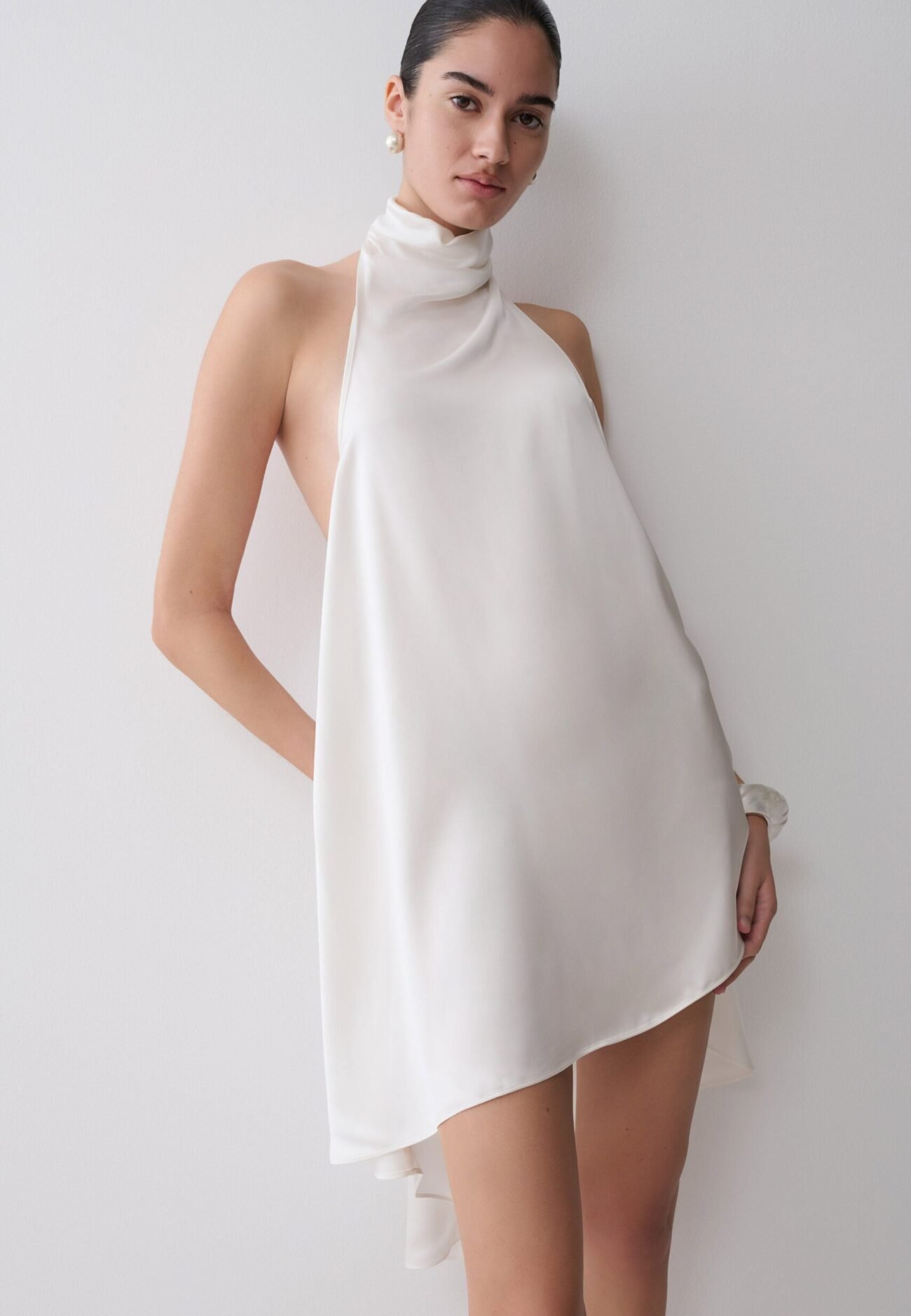 Asymmetrical Satin Halter Mini Dress - Ivory