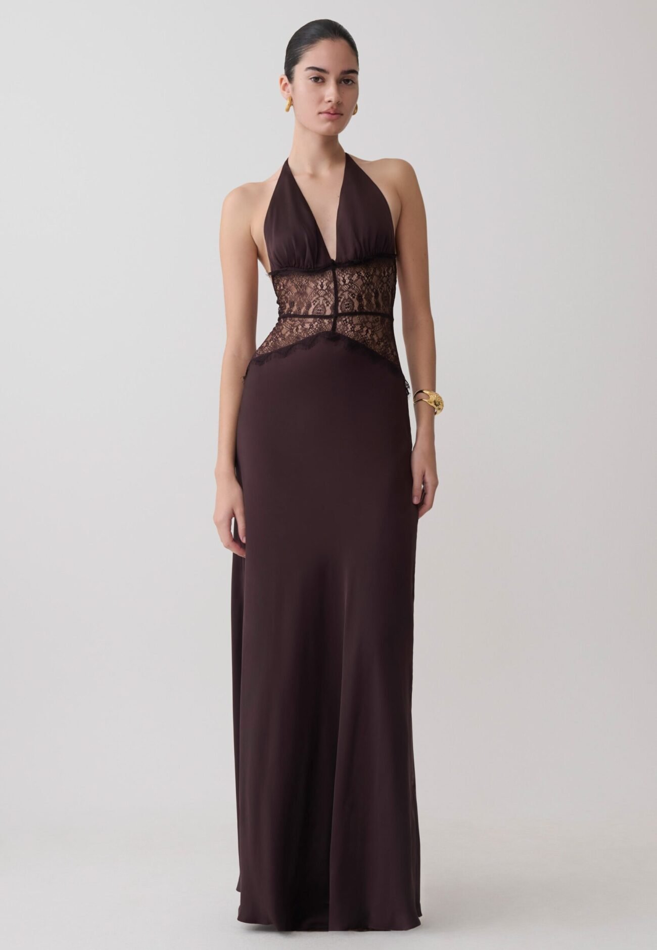 Lace And Satin Maxi Dress - Chocolate
