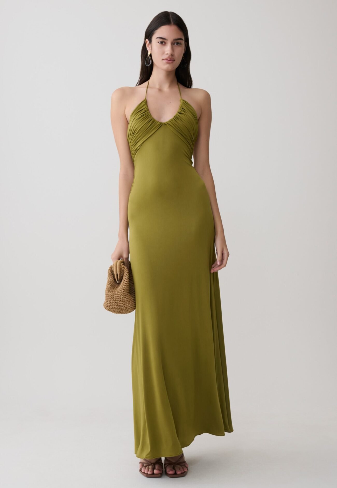 Gathered Slinky Maxi Dress - Olive
