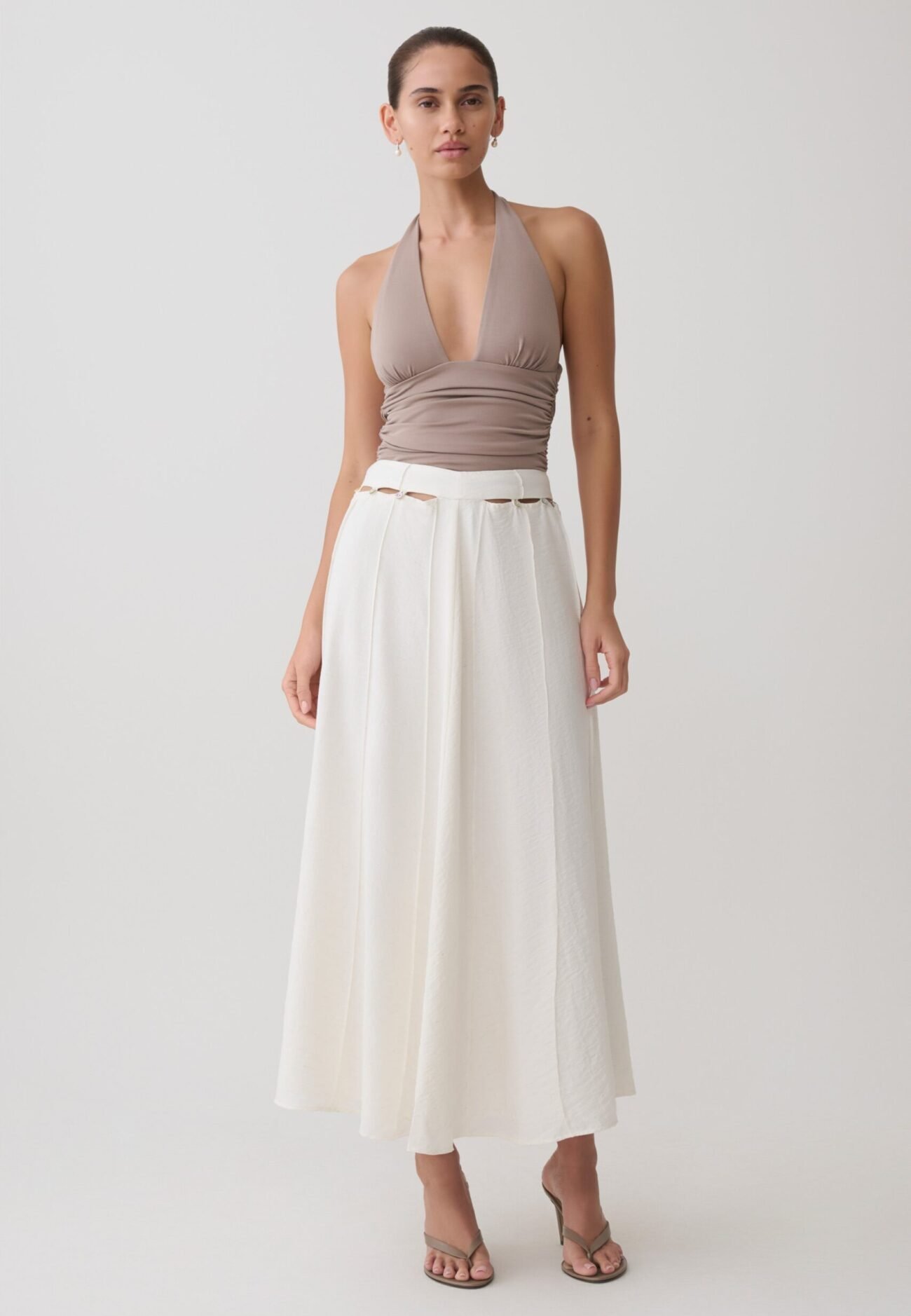 Pearl Button Midi Skirt - White