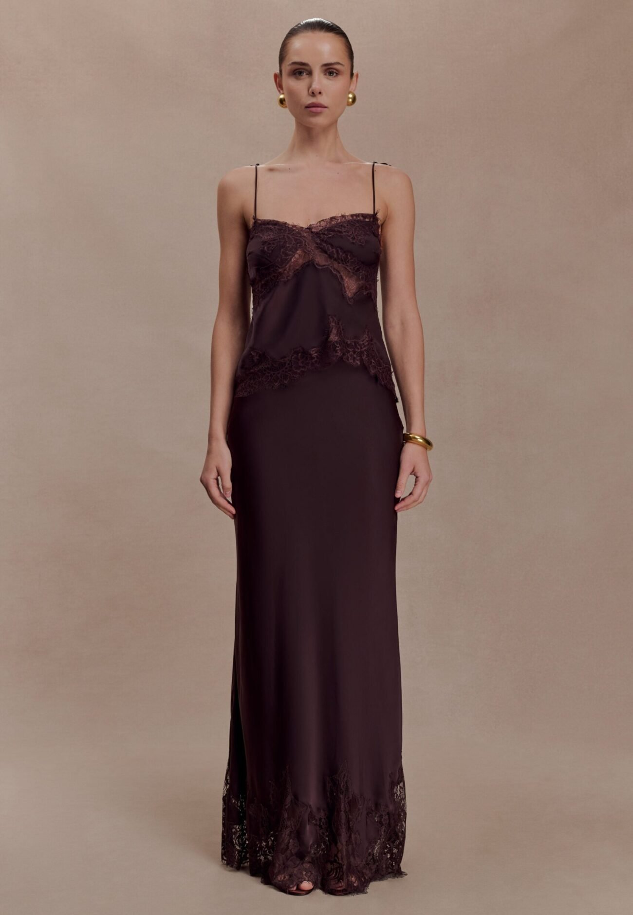 Satin And Lace Maxi Skirt - Chocolate