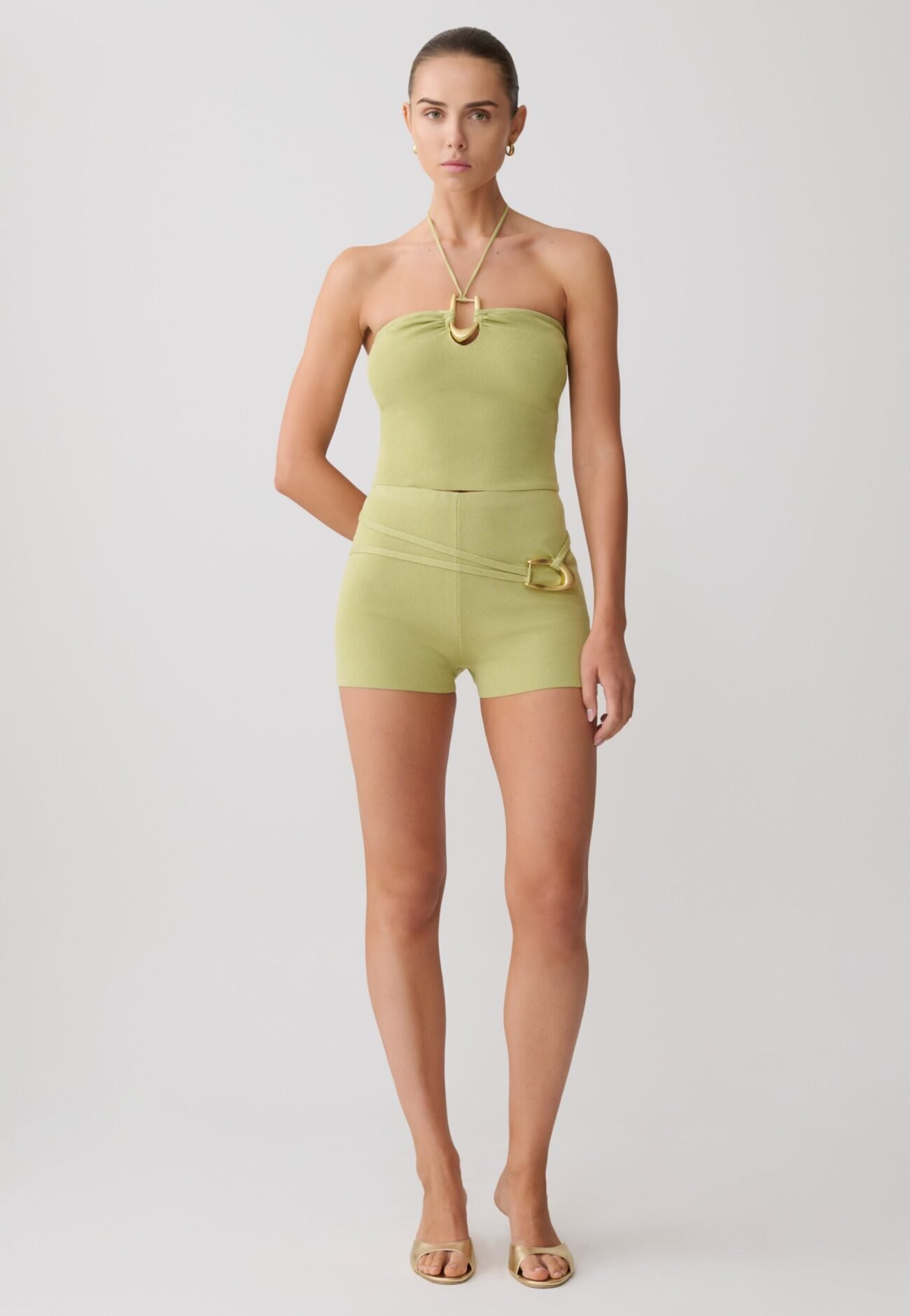 Mini Knit Shorts With Belt - Light Olive