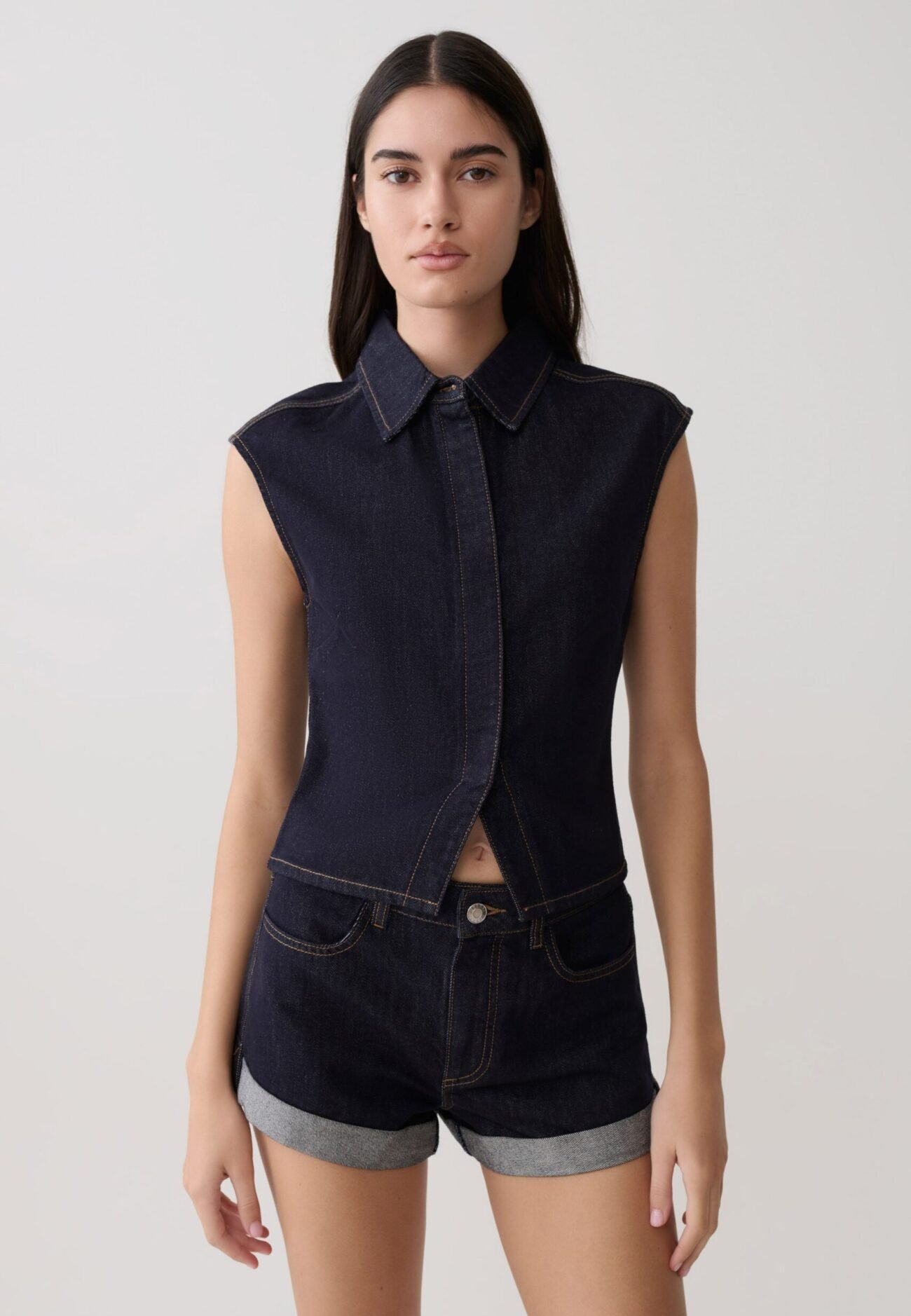 Collared Denim Longline Top - Washed Indigo Blue