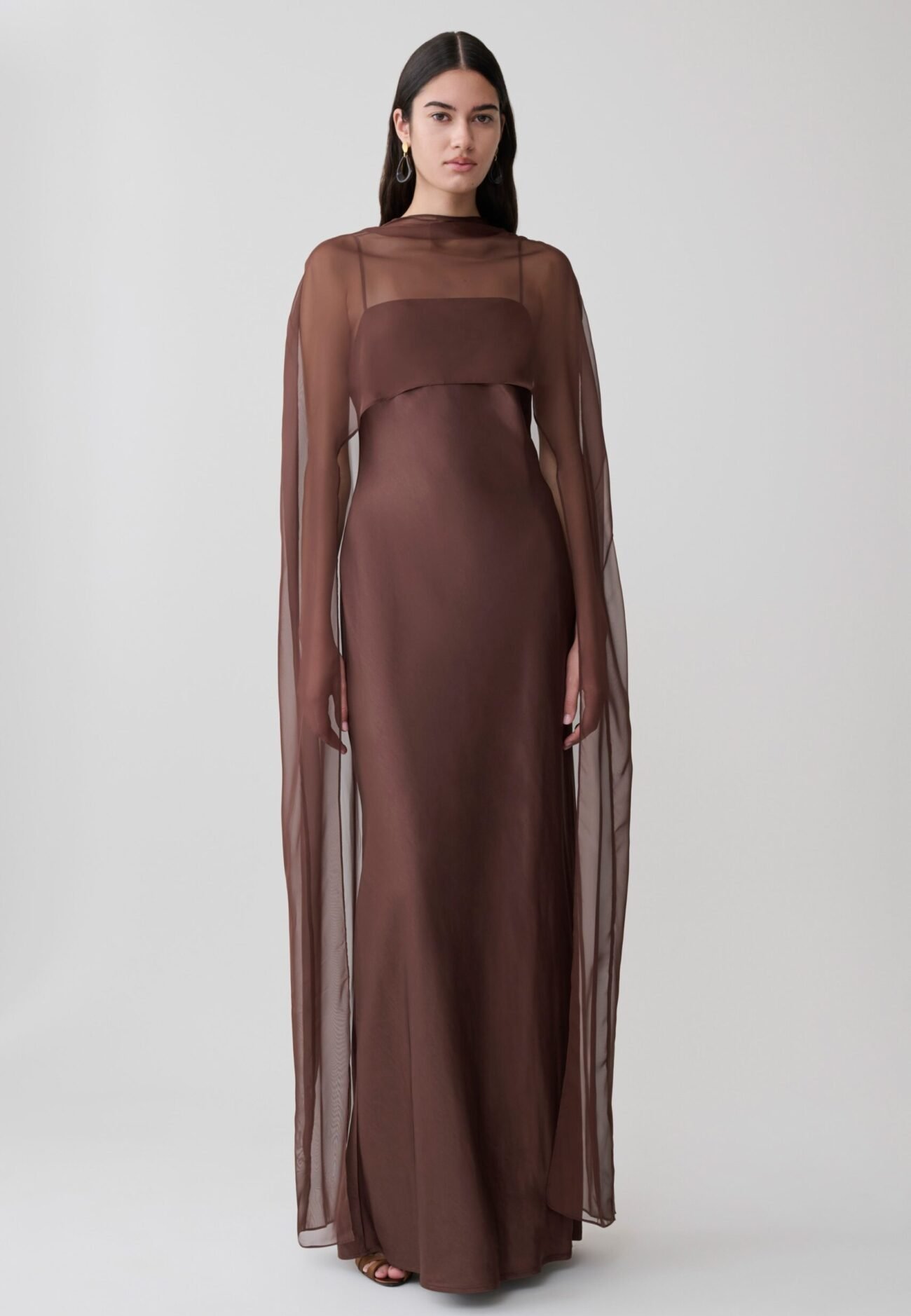 Chiffon Cape Maxi Dress - Mocha