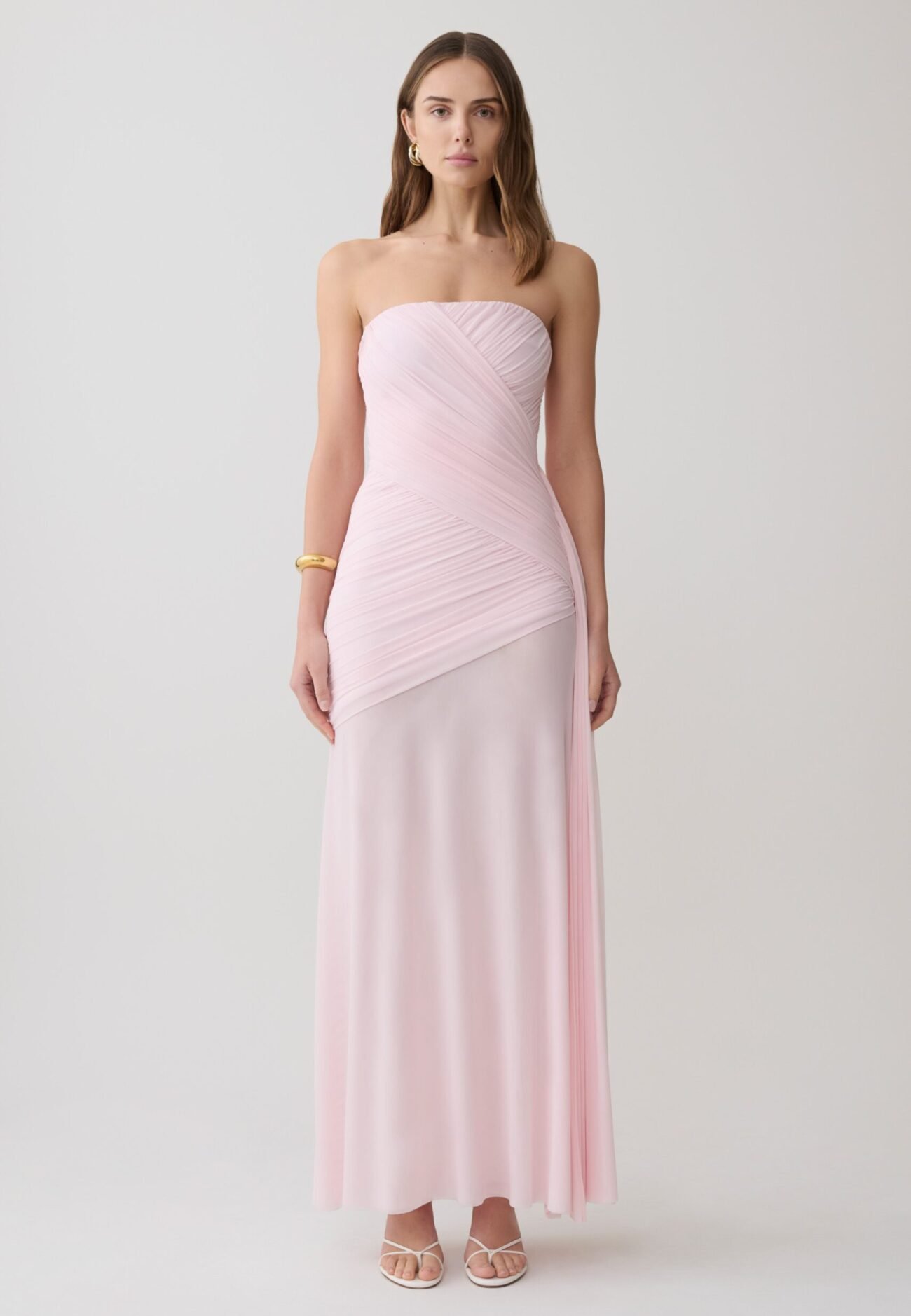 Strapless Ruched Mesh Maxi Dress - Ballet Pink