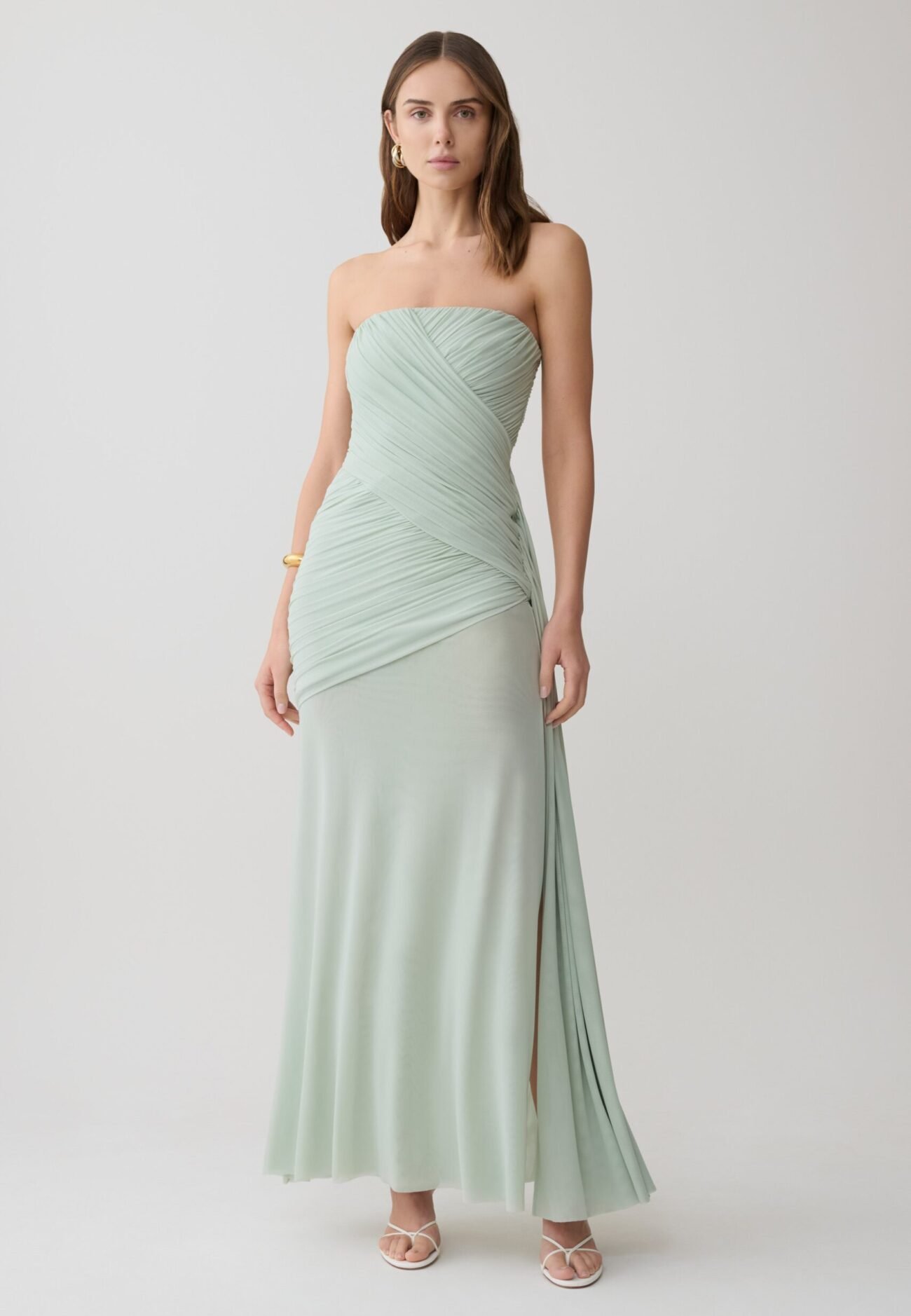 Strapless Ruched Mesh Maxi Dress - Aqua Grey