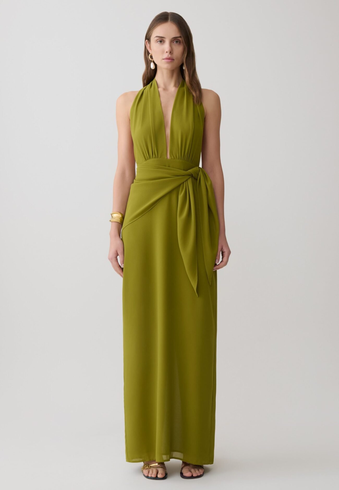 Satin Halter Maxi Dress - Olive