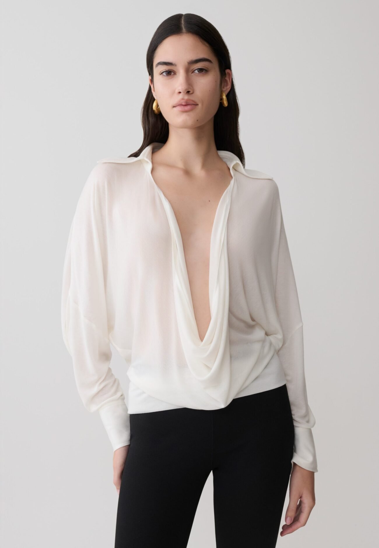 Draped Long Sleeve Shirt - White